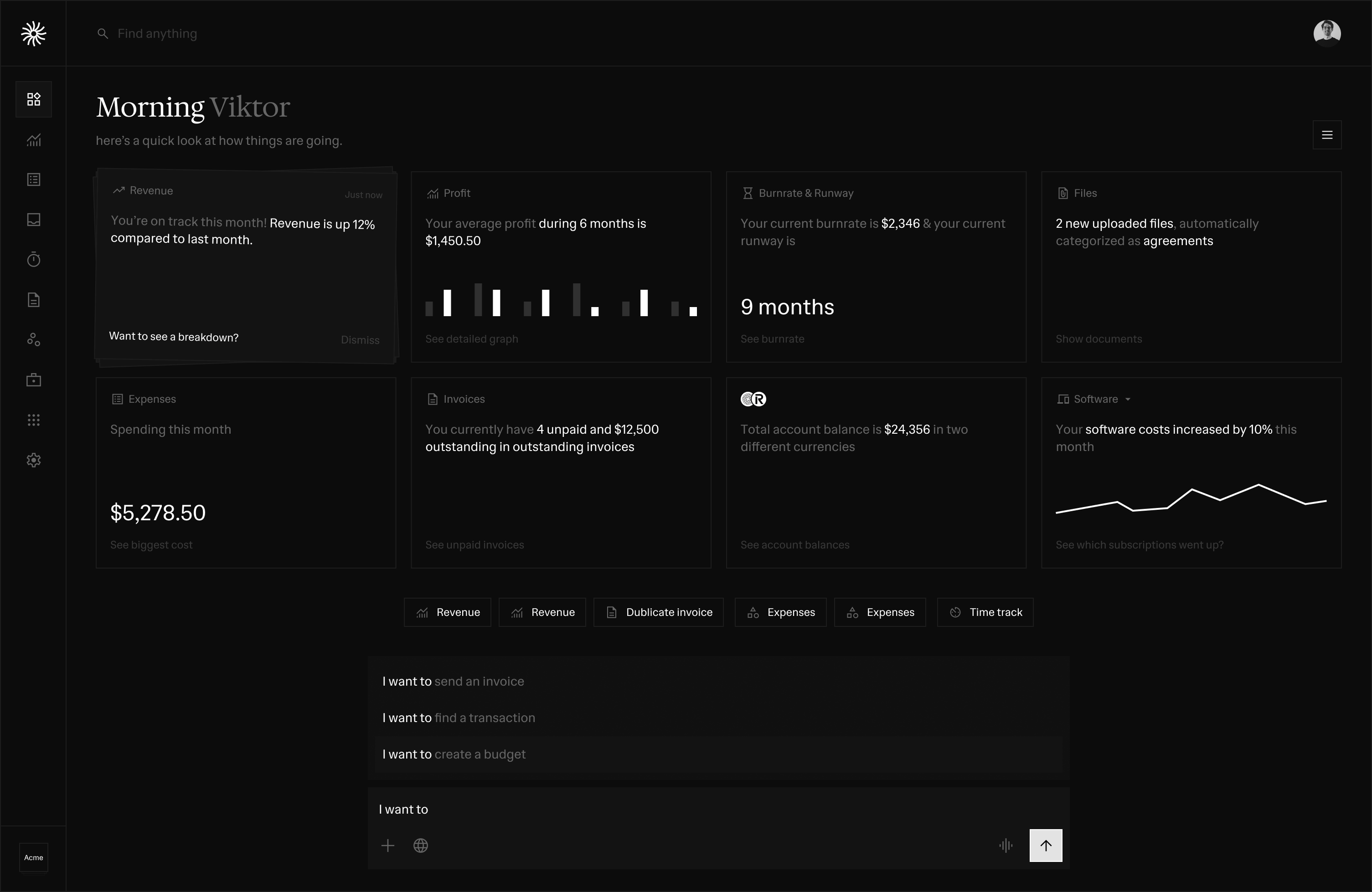 Dashboard interface showing financial data and charts
